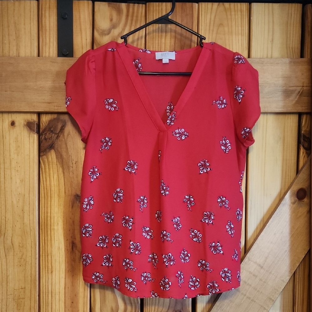 LOFT Red Floral Cap Sleeve Blouse